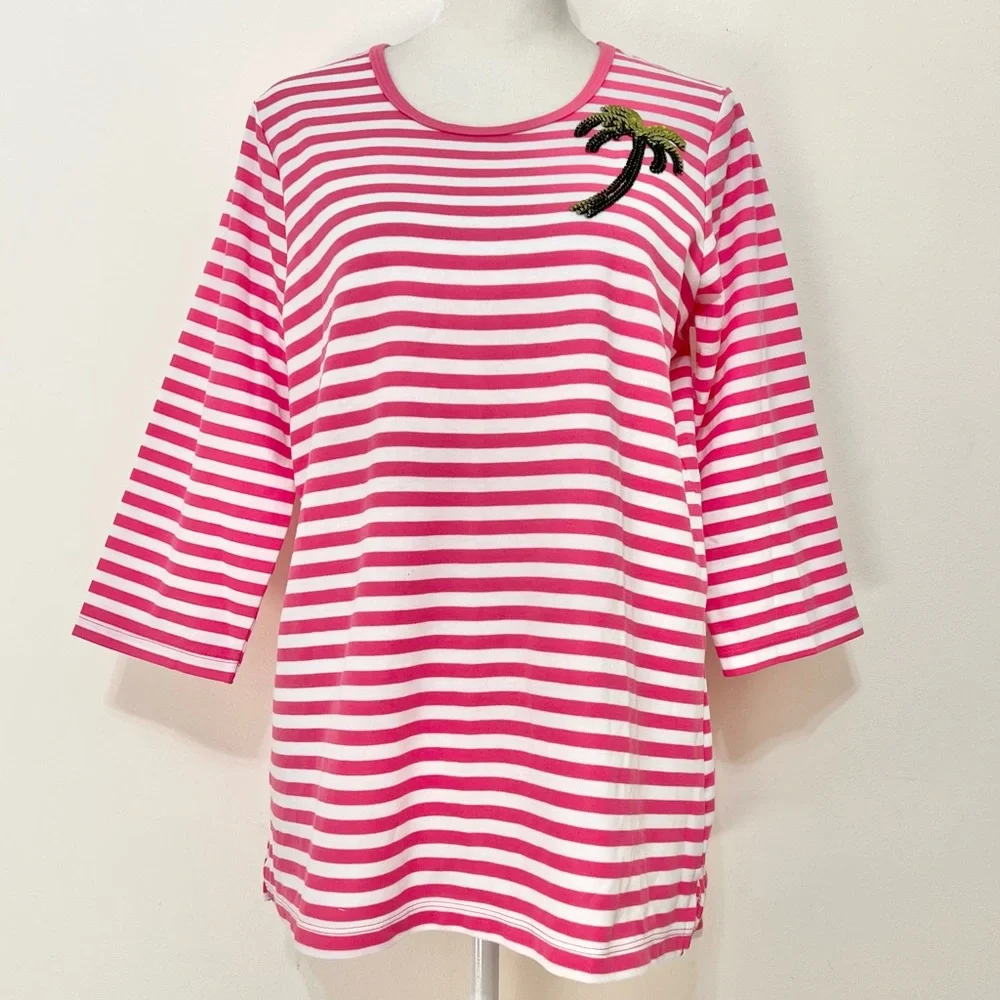 NWOT Quacker Factory Pink Stripe Top Cruise Beachy Resortwear - Picture 1 of 7